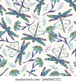 Seamless pattern with fantasy dragonflies, scattered chamomiles with stem, grass twigs. Colorful illustration with nature objects and elements on white background. Art nouveau style.