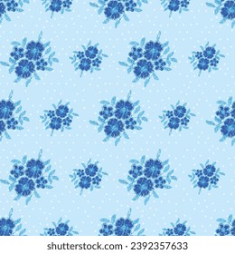 Seamless pattern with fantasy embroidery flowers pattern with cyan background.summer indigo blue flower cyan leaf with polka dot background.