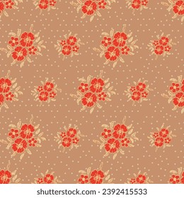 Patrón sin foco con un patrón de flores de bordado fantástico con fondo beige marrón.hoja de flores rojas de verano con fondo de punto de polka.