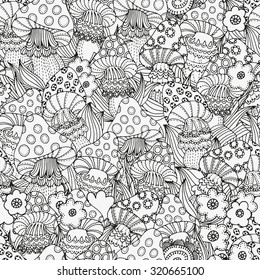 Seamless pattern with fantasy fairy mushrooms in the magic forest. Pattern for coloring book in vector.  Mushrooms, flowers. Black and white pattern. Made by trace from sketch. Zentangle.