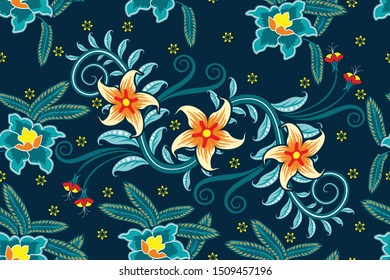 Seamless pattern with fantasy floral vector Illustration, Modern batik motif