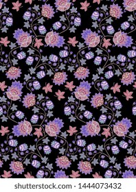 Seamless pattern with fantasy flowers , berries, leaves and paisley on black background. Vintage style. Ethnic motifs. Print for fabric, tapestry, wrapping design.