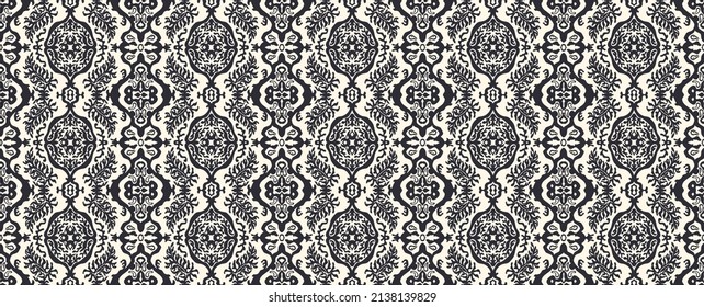 Seamless pattern with fantasy flowers, ethnic rotary repeat fabric and tile design, natural wallpaper, floral decoration curl illustration. Paisley print hand drawn elements. Home decor.