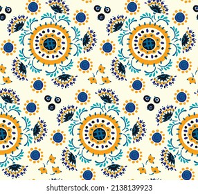 Seamless pattern with fantasy flowers, ethnic rotary repeat fabric and tile design, natural wallpaper, floral decoration curl illustration. Paisley print hand drawn elements.Ukrainian pattern