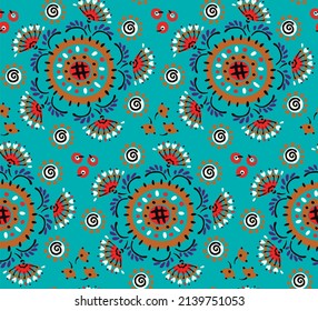 Seamless pattern with fantasy flowers, ethnic rotary repeat fabric and tile design, natural wallpaper, floral decoration curl illustration. Paisley print hand drawn elements.Ukrainian pattern
