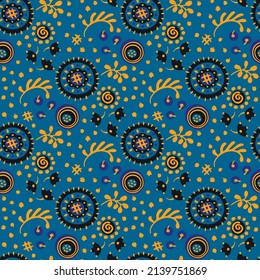 Seamless pattern with fantasy flowers, ethnic rotary repeat fabric and tile design, natural wallpaper, floral decoration curl illustration. Paisley print hand drawn elements.Ukrainian pattern