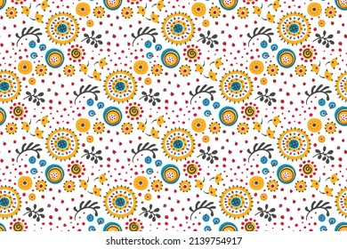 Seamless pattern with fantasy flowers, ethnic rotary repeat fabric and tile design, natural wallpaper, floral decoration curl illustration. Paisley print hand drawn elements.Ukrainian pattern