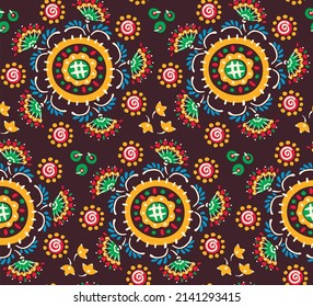 Seamless pattern with fantasy flowers, ethnic rotary repeat fabric and tile design, natural wallpaper, floral decoration curl illustration. Paisley print hand drawn elements.Ukrainian pattern