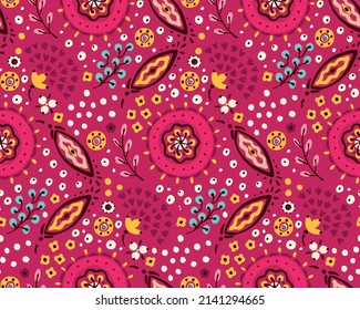 Seamless pattern with fantasy flowers, ethnic rotary repeat fabric and tile design, natural wallpaper, floral decoration curl illustration. Paisley print hand drawn elements.Ukrainian pattern