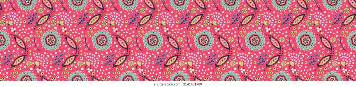 Nahtloses Muster mit Fantasy-Blumen, ethnisch rotierendem, mehrfarbigem Gewebe und Fliesendesign, natürlichen Tapeten, Blumendekoration, kurvenreiche Illustration. Paisley Print handgezeichnet Elemente.Ukrainisches Muster