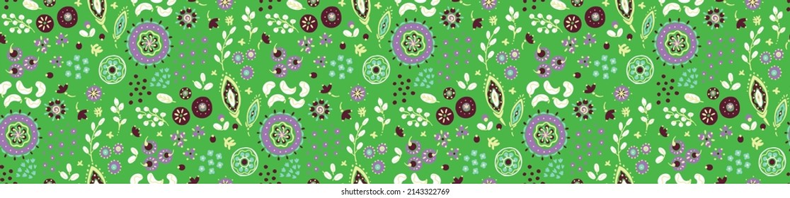 Seamless pattern with fantasy flowers, ethnic rotary repeat fabric and tile design, natural wallpaper, floral decoration curl illustration. Paisley print hand drawn elements.Ukrainian pattern