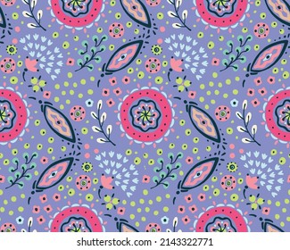 Nahtloses Muster mit Fantasy-Blumen, ethnisch rotierendem, mehrfarbigem Gewebe und Fliesendesign, natürlichen Tapeten, Blumendekoration, kurvenreiche Illustration. Paisley Print handgezeichnet Elemente.Ukrainisches Muster