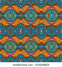 Nahtloses Muster mit Fantasy-Blumen, ethnisch rotierendem, mehrfarbigem Gewebe und Fliesendesign, natürlichen Tapeten, Blumendekoration, kurvenreiche Illustration. Paisley Print handgezeichnet Elemente.Ukrainisches Muster