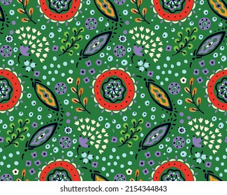 Seamless pattern with fantasy flowers, ethnic rotary repeat fabric and tile design, natural wallpaper, floral decoration curl illustration. Paisley print hand drawn elements.Ukrainian pattern