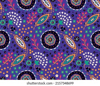 Seamless pattern with fantasy flowers, ethnic rotary repeat fabric and tile design, natural wallpaper, floral decoration curl illustration. Paisley print hand drawn elements.Ukrainian pattern