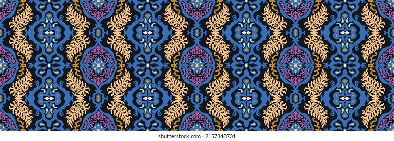 Seamless pattern with fantasy flowers, ethnic rotary repeat fabric and tile design, natural wallpaper, floral decoration curl illustration. Paisley print hand drawn elements.Ukrainian pattern