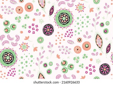 Patrón inmaculado con flores de fantasía, tela repetida étnica y diseño de baldosas, tapicería natural, decoración floral de dibujos curlos. Paisley imprime elementos dibujados a mano. Patrón ucraniano