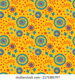Seamless pattern with fantasy flowers, ethnic rotary repeat fabric and tile design, natural wallpaper, floral decoration curl illustration. Paisley print hand drawn elements.Ukrainian pattern