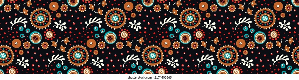 Seamless pattern with fantasy flowers, ethnic rotary repeat fabric and tile design, natural wallpaper, floral decoration curl illustration. Paisley print hand drawn elements.Ukrainian pattern