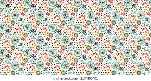 Seamless pattern with fantasy flowers, ethnic rotary repeat fabric and tile design, natural wallpaper, floral decoration curl illustration. Paisley print hand drawn elements.Ukrainian pattern