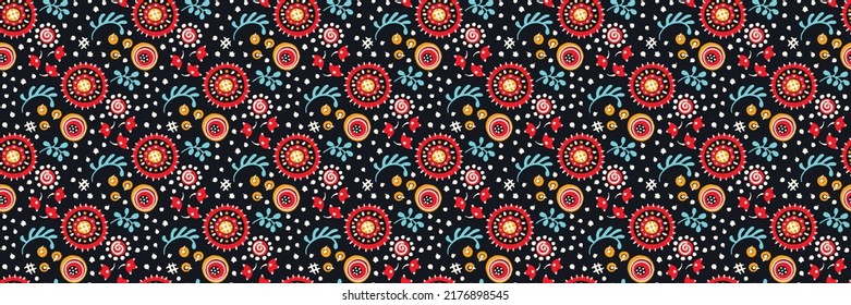 Seamless pattern with fantasy flowers, ethnic rotary repeat fabric and tile design, natural wallpaper, floral decoration curl illustration. Paisley print hand drawn elements.Ukrainian pattern