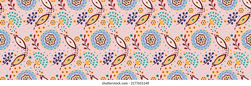 Seamless pattern with fantasy flowers, ethnic rotary repeat fabric and tile design, natural wallpaper, floral decoration curl illustration. Paisley print hand drawn elements.Ukrainian pattern