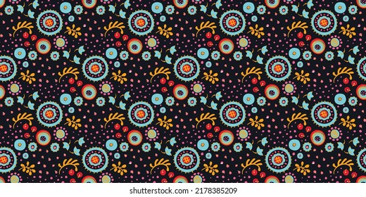 Seamless pattern with fantasy flowers, ethnic rotary repeat fabric and tile design, natural wallpaper, floral decoration curl illustration. Paisley print hand drawn elements.Ukrainian pattern