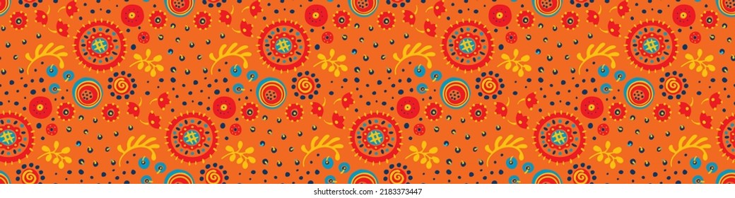 Seamless pattern with fantasy flowers, ethnic rotary repeat fabric and tile design, natural wallpaper, floral decoration curl illustration. Paisley print hand drawn elements.Ukrainian pattern