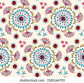 Seamless pattern with fantasy flowers, ethnic rotary repeat fabric and tile design, natural wallpaper, floral decoration curl illustration. Paisley print hand drawn elements.Ukrainian pattern