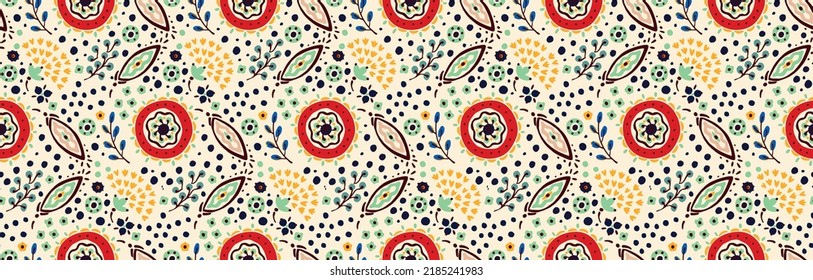 Patrón inmaculado con flores de fantasía, tela repetida étnica y diseño de baldosas, tapicería natural, decoración floral de dibujos curlos. Paisley imprime elementos dibujados a mano. Patrón ucraniano
