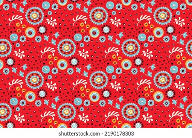 Nahtloses Muster mit Fantasy-Blumen, ethnisch rotierendem, mehrfarbigem Gewebe und Fliesendesign, natürlichen Tapeten, Blumendekoration, kurvenreiche Illustration. Paisley Print handgezeichnet Elemente.Ukrainisches Muster