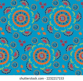 Nahtloses Muster mit Fantasy-Blumen, ethnisch rotierendem, mehrfarbigem Gewebe und Fliesendesign, natürlichen Tapeten, Blumendekoration, kurvenreiche Illustration. Paisley Print handgezeichnet Elemente.Ukrainisches Muster