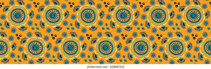 Seamless pattern with fantasy flowers, ethnic rotary repeat fabric and tile design, natural wallpaper, floral decoration curl illustration. Paisley print hand drawn elements.Ukrainian pattern