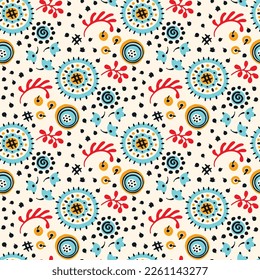 Nahtloses Muster mit Fantasy-Blumen, ethnisch rotierendem, mehrfarbigem Gewebe und Fliesendesign, natürlichen Tapeten, Blumendekoration, kurvenreiche Illustration. Paisley Print handgezeichnet Elemente.Ukrainisches Muster