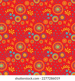 Seamless pattern with fantasy flowers, ethnic rotary repeat fabric and tile design, natural wallpaper, floral decoration curl illustration. Paisley print hand drawn elements.Ukrainian pattern