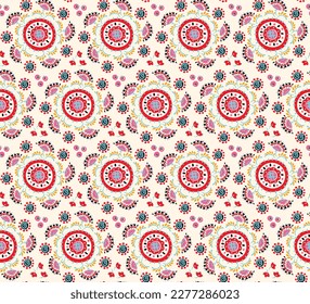 Seamless pattern with fantasy flowers, ethnic rotary repeat fabric and tile design, natural wallpaper, floral decoration curl illustration. Paisley print hand drawn elements.Ukrainian pattern