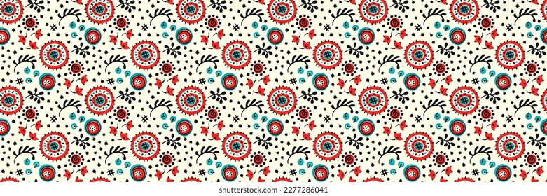 Nahtloses Muster mit Fantasy-Blumen, ethnisch rotierendem, mehrfarbigem Gewebe und Fliesendesign, natürlichen Tapeten, Blumendekoration, kurvenreiche Illustration. Paisley Print handgezeichnet Elemente.Ukrainisches Muster