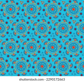 Nahtloses Muster mit Fantasy-Blumen, ethnisch rotierendem, mehrfarbigem Gewebe und Fliesendesign, natürlichen Tapeten, Blumendekoration, kurvenreiche Illustration. Paisley Print handgezeichnet Elemente.Ukrainisches Muster