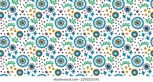 Seamless pattern with fantasy flowers, ethnic rotary repeat fabric and tile design, natural wallpaper, floral decoration curl illustration. Paisley print hand drawn elements.Ukrainian pattern