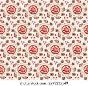 Patrón inmaculado con flores de fantasía, tela repetida étnica y diseño de baldosas, tapicería natural, decoración floral de dibujos curlos. Paisley imprime elementos dibujados a mano. Patrón ucraniano