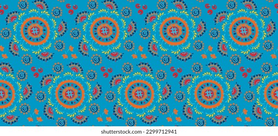 Nahtloses Muster mit Fantasy-Blumen, ethnisch rotierendem, mehrfarbigem Gewebe und Fliesendesign, natürlichen Tapeten, Blumendekoration, kurvenreiche Illustration. Paisley Print handgezeichnet Elemente.Ukrainisches Muster