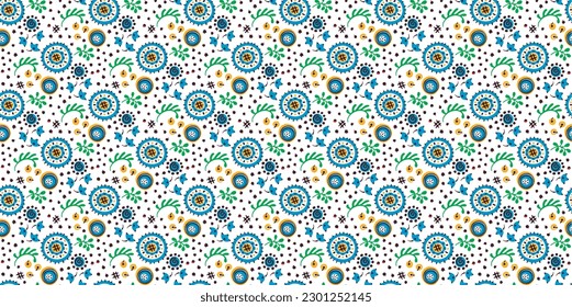 Seamless pattern with fantasy flowers, ethnic rotary repeat fabric and tile design, natural wallpaper, floral decoration curl illustration. Paisley print hand drawn elements.Ukrainian pattern