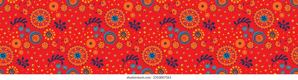 Seamless pattern with fantasy flowers, ethnic rotary repeat fabric and tile design, natural wallpaper, floral decoration curl illustration. Paisley print hand drawn elements.Ukrainian pattern