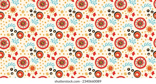 Seamless pattern with fantasy flowers, ethnic rotary repeat fabric and tile design, natural wallpaper, floral decoration curl illustration. Paisley print hand drawn elements.Ukrainian pattern