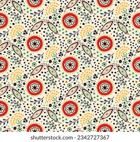 Seamless pattern with fantasy flowers, ethnic rotary repeat fabric and tile design, natural wallpaper, floral decoration curl illustration. Paisley print hand drawn elements. Home decor.