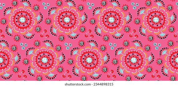 Seamless pattern with fantasy flowers, ethnic rotary repeat fabric and tile design, natural wallpaper, floral decoration curl illustration. Paisley print hand drawn elements.
