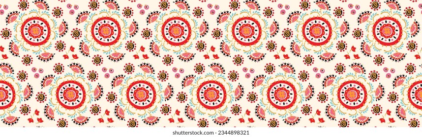 Seamless pattern with fantasy flowers, ethnic rotary repeat fabric and tile design, natural wallpaper, floral decoration curl illustration. Paisley print hand drawn elements.