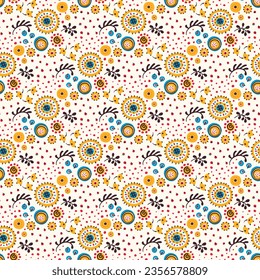 Patrón inmaculado con flores de fantasía, tela repetida étnica y diseño de baldosas, tapicería natural, decoración floral de dibujos curlos. Imprima paisley elementos dibujados a mano.
