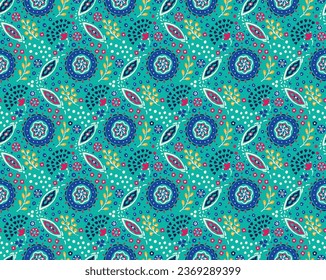 Seamless pattern with fantasy flowers, ethnic rotary repeat fabric and tile design, natural wallpaper, floral decoration curl illustration. Paisley print hand drawn elements. Home decor.