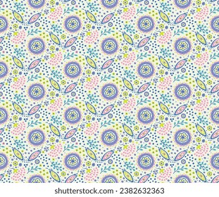 Seamless pattern with fantasy flowers, ethnic rotary repeat fabric and tile design, natural wallpaper, floral decoration curl illustration. Paisley print hand drawn elements. Home decor. 